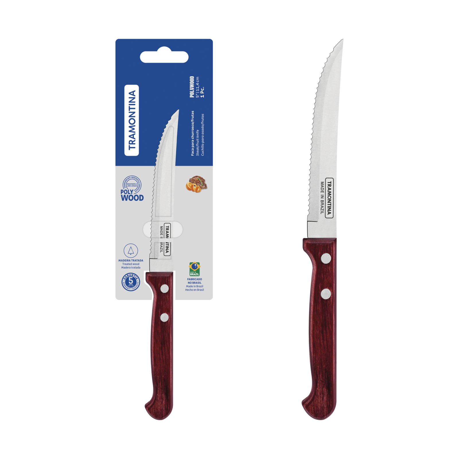 Cuchillo Para Asado Y Frutas 5'' Con Lámina De Acero Inoxidable Y Mango De Madera Polywood  Rojo En Blyster