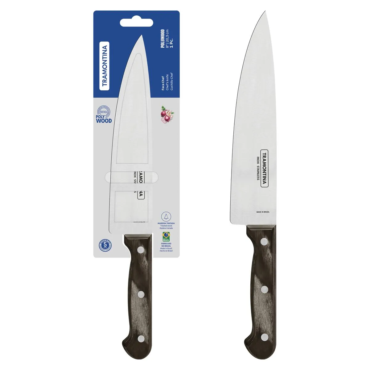 Cuchillo Chef Tramontina Polywood Con Lámina De Acero Inoxidable Y Mango De Madera Tratada Castaño 8"