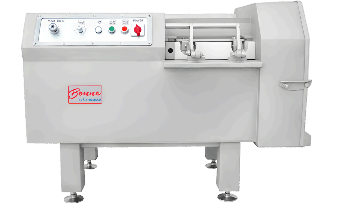 Cubicadora de carne, Apto para carne congelada (por encima de -5 °C), carne fresca. Capacidad: 500-600 kg/h. Tamaño de corte: 5 mm. (Con opción a 10 mm) Todas las piezas y carcasas de esta máquina que entran en contacto con la carne están fabricadas en acero inoxidable 304. Espesor de corte seleccionable: 4/5/6/7/8/10/12/14/16/21/28/42 mm